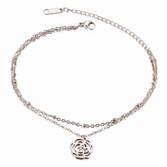 Double Layered  Rose Beaded Pendant Silver Plated Anklet