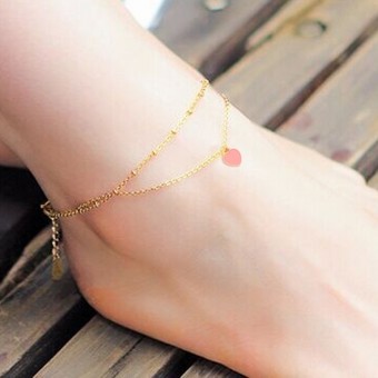 Pinky Shaded Heart Pendant Double Chain Gold Plated Anklet Bracelet