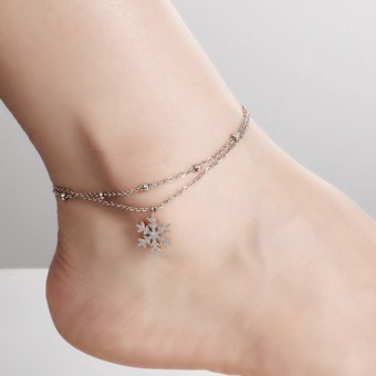 Two-Layered Chain Snow Flakes Pendant Silver Plated Anklet Bracelet