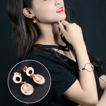 Love Marked Double Circle Rose Gold Plated Drop Earrings