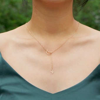 Lariat Moon Star Chain Design Rose Gold Plated Necklace