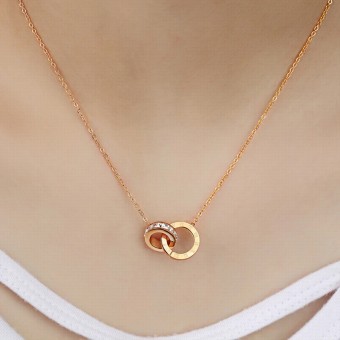 Roman Numeral Double Ring Pendant Rose Gold Plated Necklace